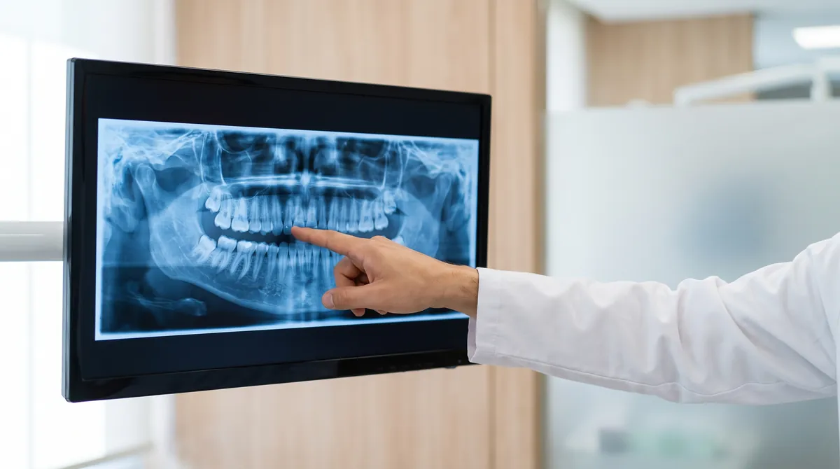 A clinician pointing at a dental panoramic x-ray on a monitor in an orthodontic office, the record used to tell a dental crossbite from a skeletal one.