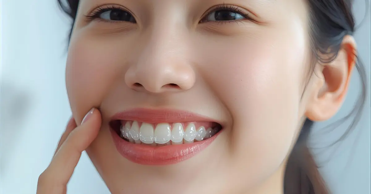 Close-up of a person smiling while wearing clear Invisalign aligners and gently touching their cheek to highlight orthodontic treatment related to the question Can Invisalign Fix an Overbite.