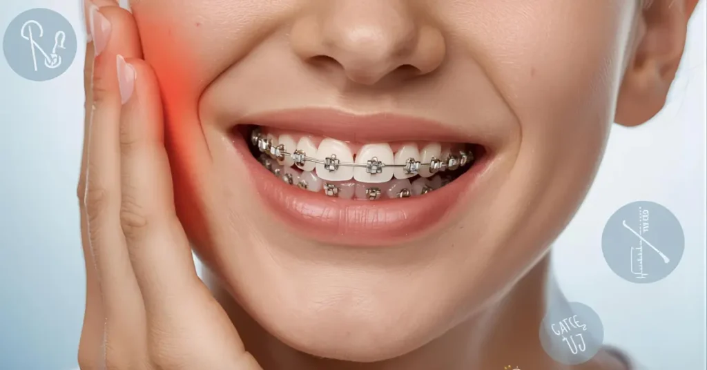 Close-up of a smiling person with dental braces on upper and lower teeth, holding one cheek to show discomfort and illustrate the question Do Braces Hurt in orthodontic care.
