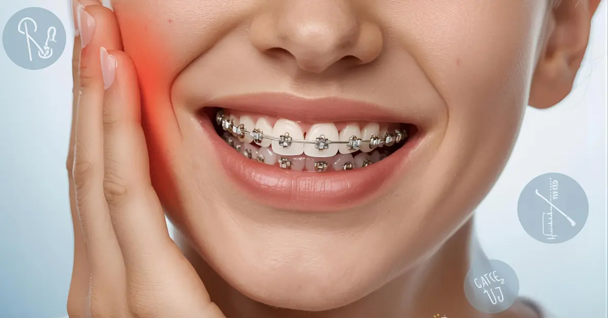 Close-up of a smiling person with dental braces on upper and lower teeth, holding one cheek to show discomfort and illustrate the question Do Braces Hurt in orthodontic care.