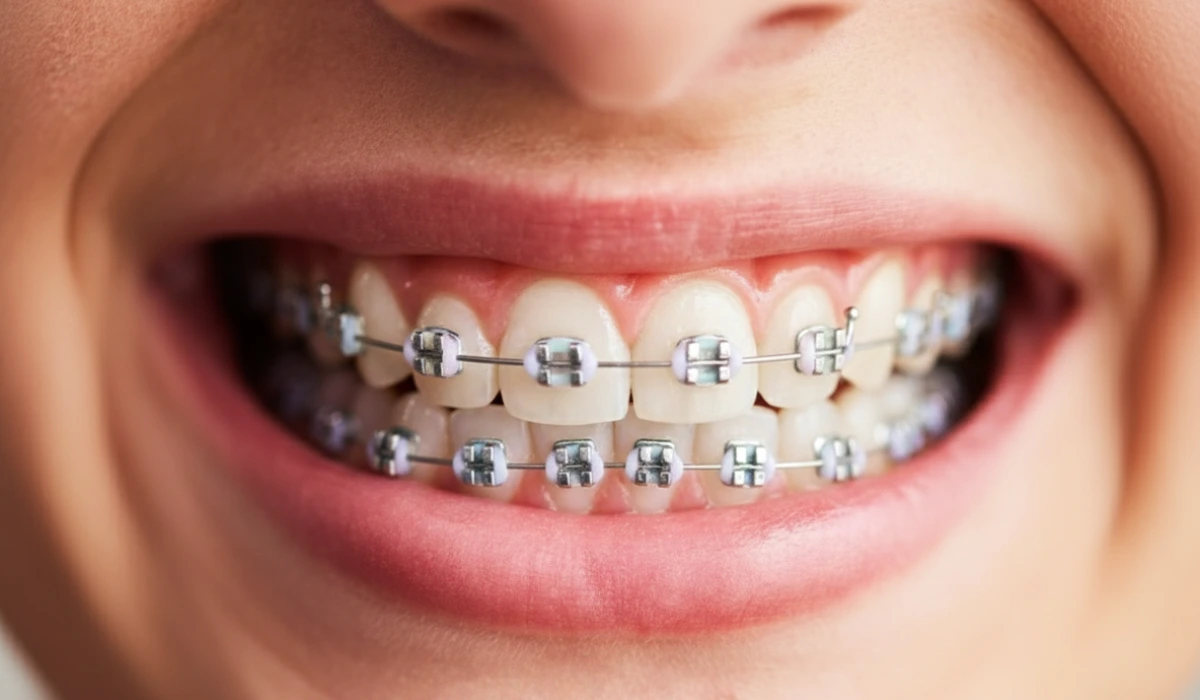 A close-up of a person smiling and showing their metal dental braces with light-colored bands, used to illustrate if dental insurance covers orthodontic treatment costs