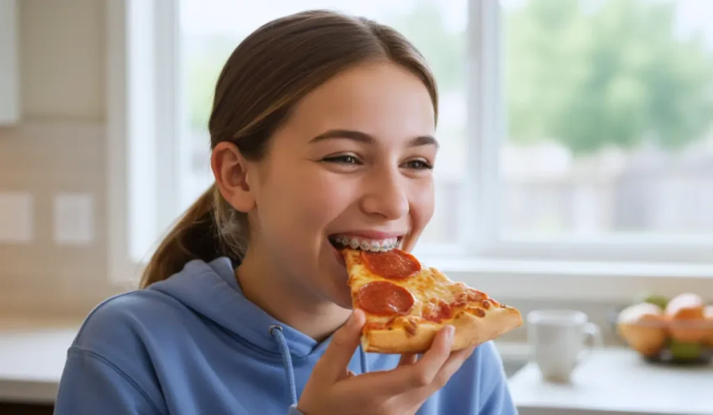 A teenage girl with dental braces eating a slice of soft pepperoni pizza, illustrating can you eat with braces and safe food choices