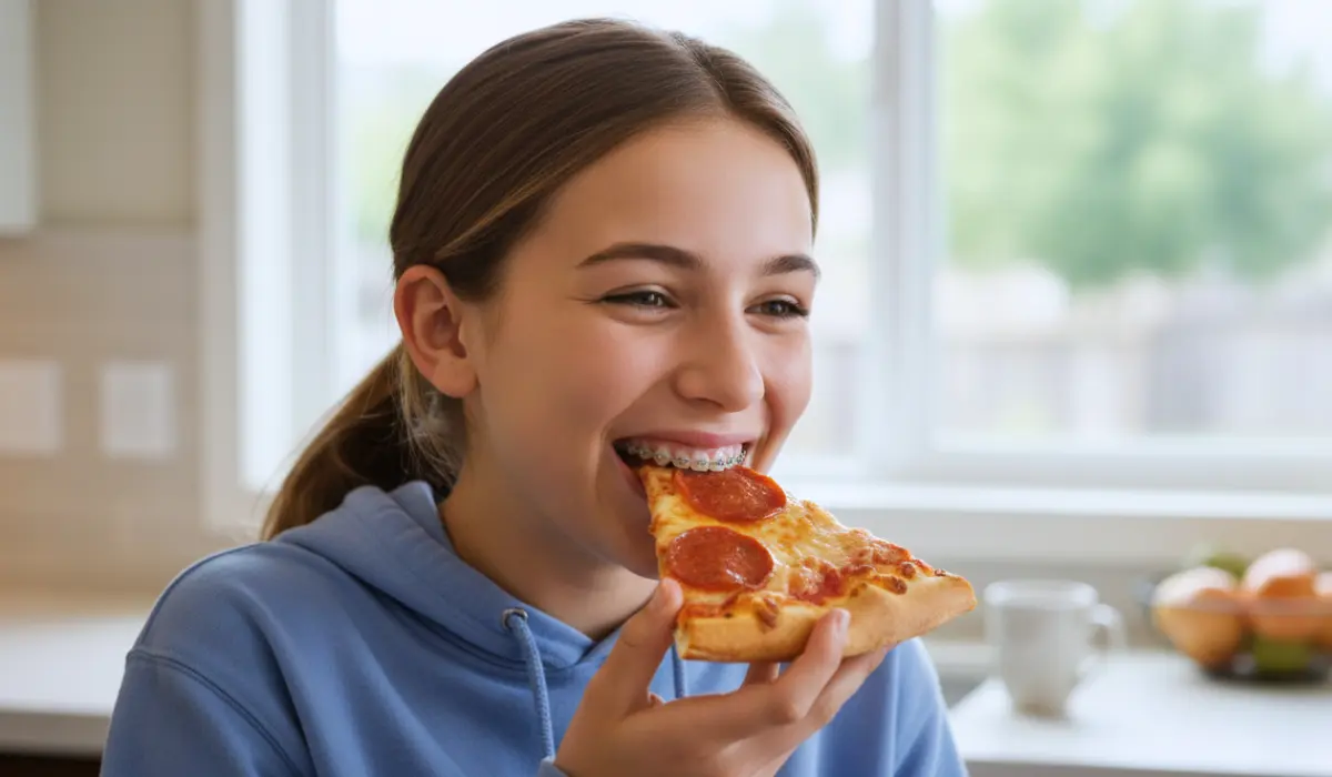 A teenage girl with dental braces eating a slice of soft pepperoni pizza, illustrating can you eat with braces and safe food choices
