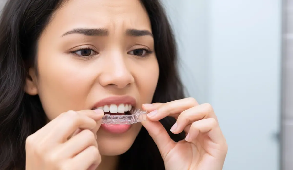 Woman placing Invisalign clear aligners on her teeth and feeling mild discomfort, answering the question: Does Invisalign Hurt?