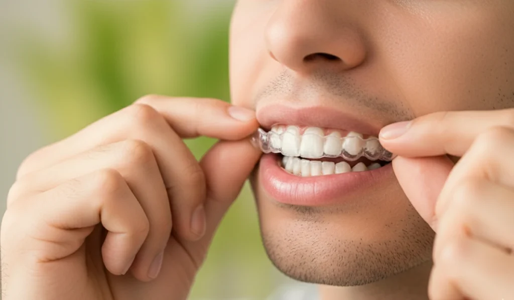 How Long Does Invisalign Take? adult wearing clear Invisalign aligners while placing them on teeth.