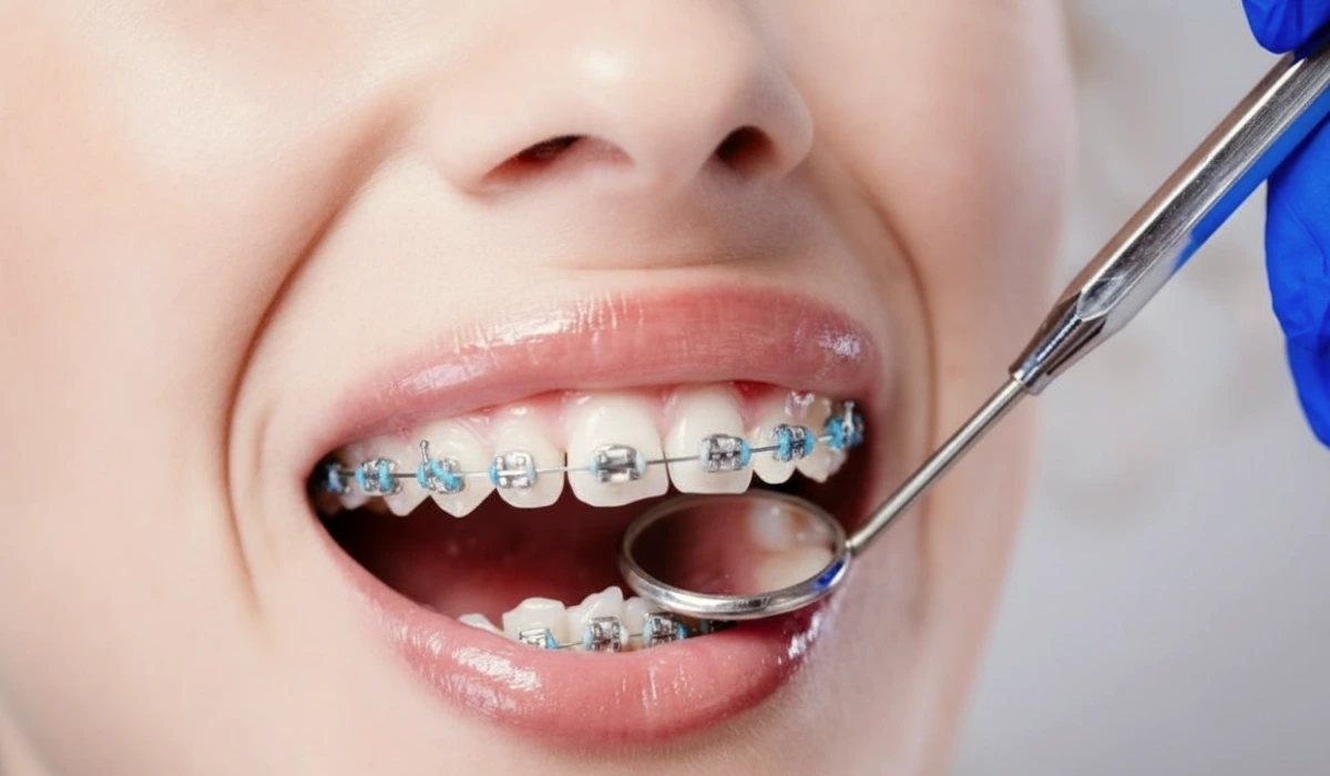 How Much Do Braces Cost close-up of a patient wearing metal dental braces during an orthodontic checkup.