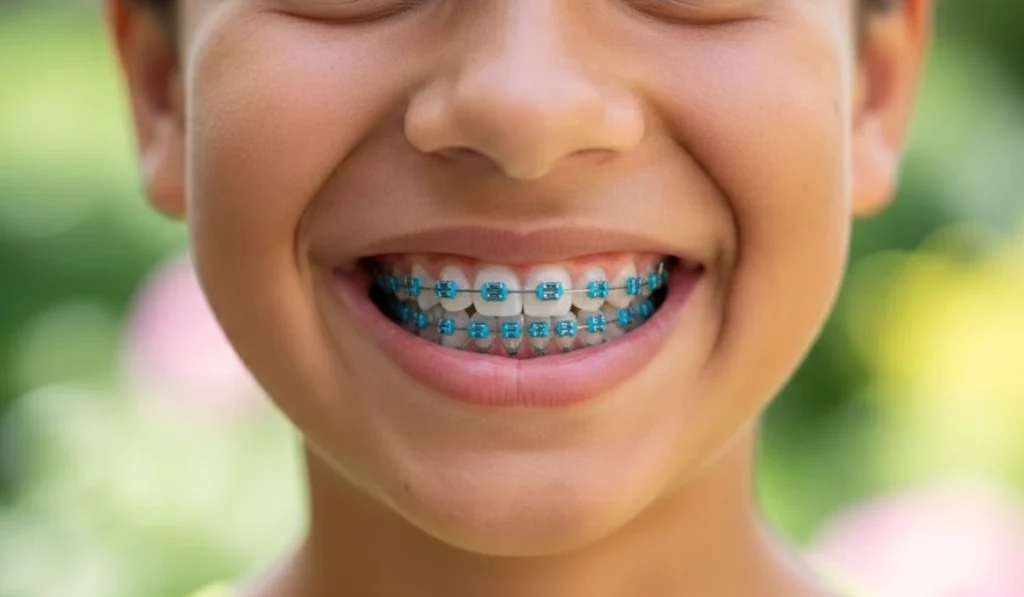 A close-up of a smiling child wearing metal dental braces with blue rubber bands on their teeth