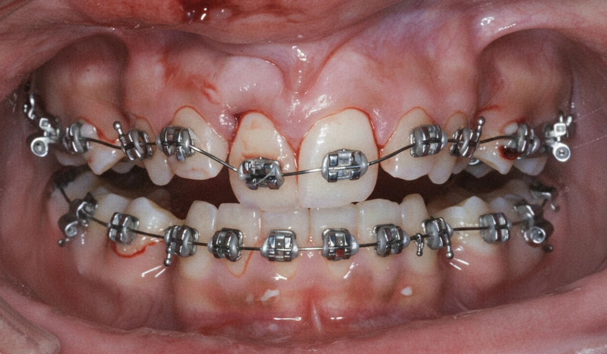 Severe gingivitis and swollen gum tissue around braces, a common example of how poorly maintained braces damage teeth.