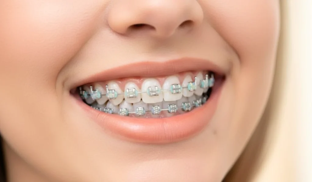 A close-up of a woman smiling with ceramic and metal braces, illustrating a common dental health concern: can braces damage your teeth if proper oral hygiene is not maintained?