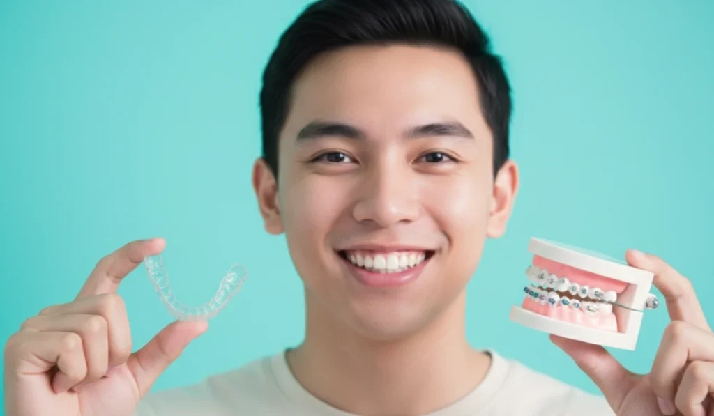 Smiling man displaying a dental model with braces and a clear tray, illustrating the transition for those wondering, "Can I get Invisalign if I had braces before?"