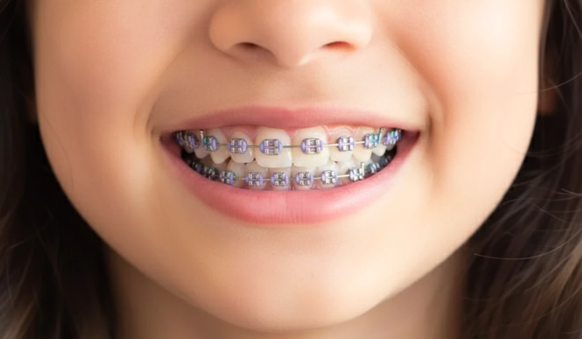 A young child smiling with purple metal braces, illustrating the answer to 'Can you get braces with baby teeth' during early orthodontic treatment.
