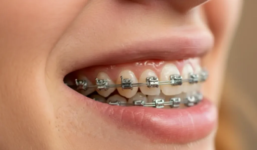 A woman wearing traditional silver braces on her upper and lower teeth, highlighting orthodontic treatment options for adults with existing dental work like fillings.