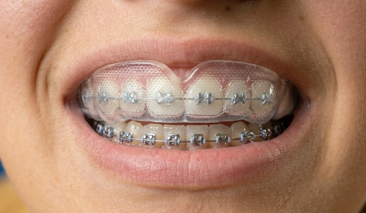 A close-up of a person smiling while wearing a clear orthodontic mouthguard over metal braces on their upper teeth, illustrating the answer to "Can You Wear a Mouthguard With Braces?