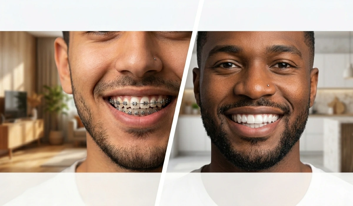 Split-screen image showing a smiling man with metal wire braces on the left and clear Invisalign aligners on the right, illustrating the debate: is Invisalign better than braces?