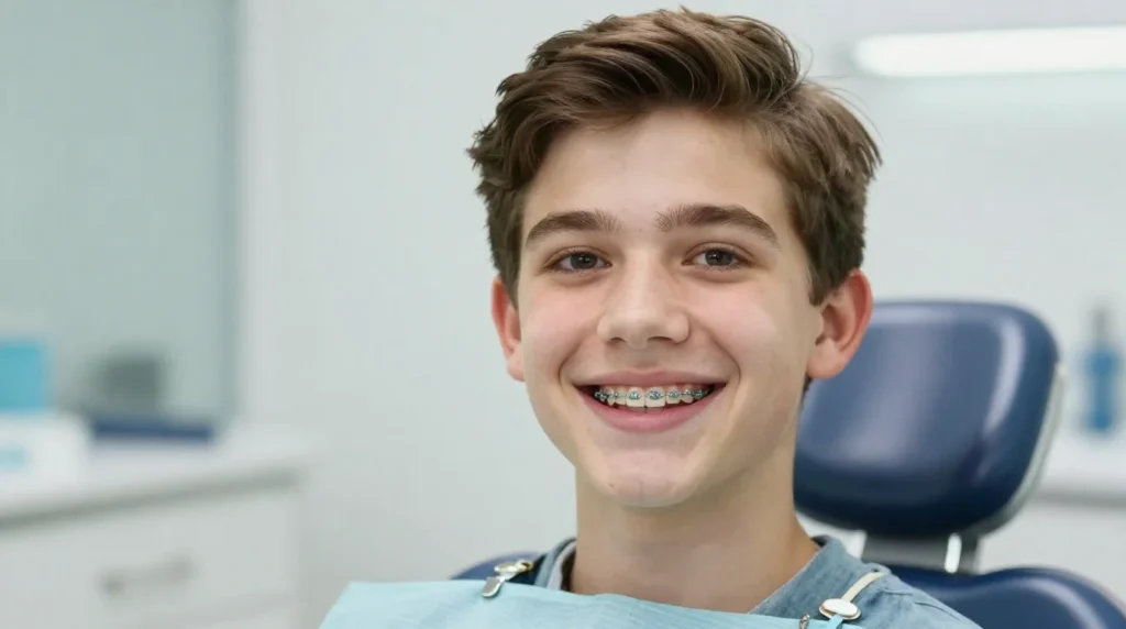 Smiling teenager with braces sitting in orthodontist chair at BP Smiles Orthodontics in Queens NY