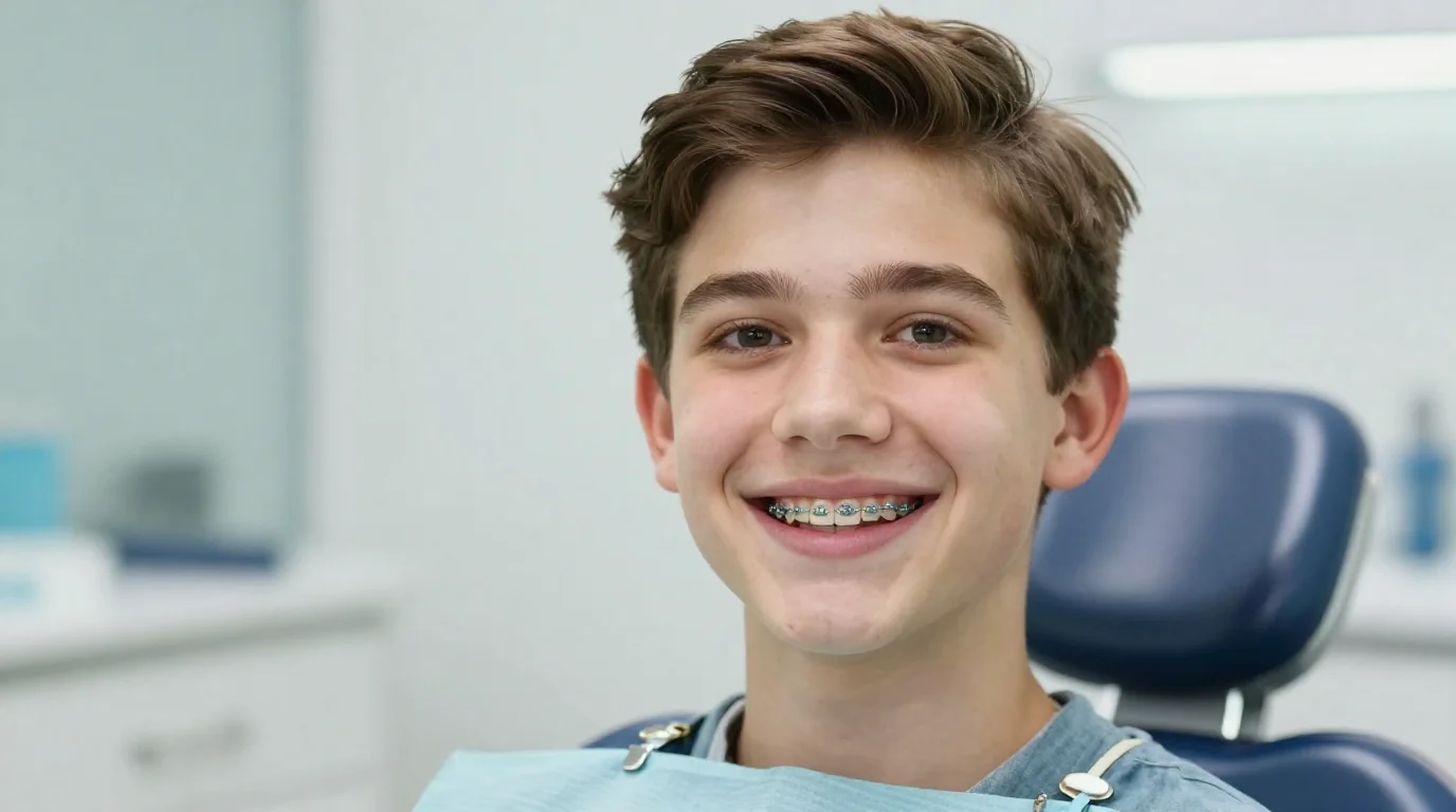 Smiling teenager with braces sitting in orthodontist chair at BP Smiles Orthodontics in Queens NY