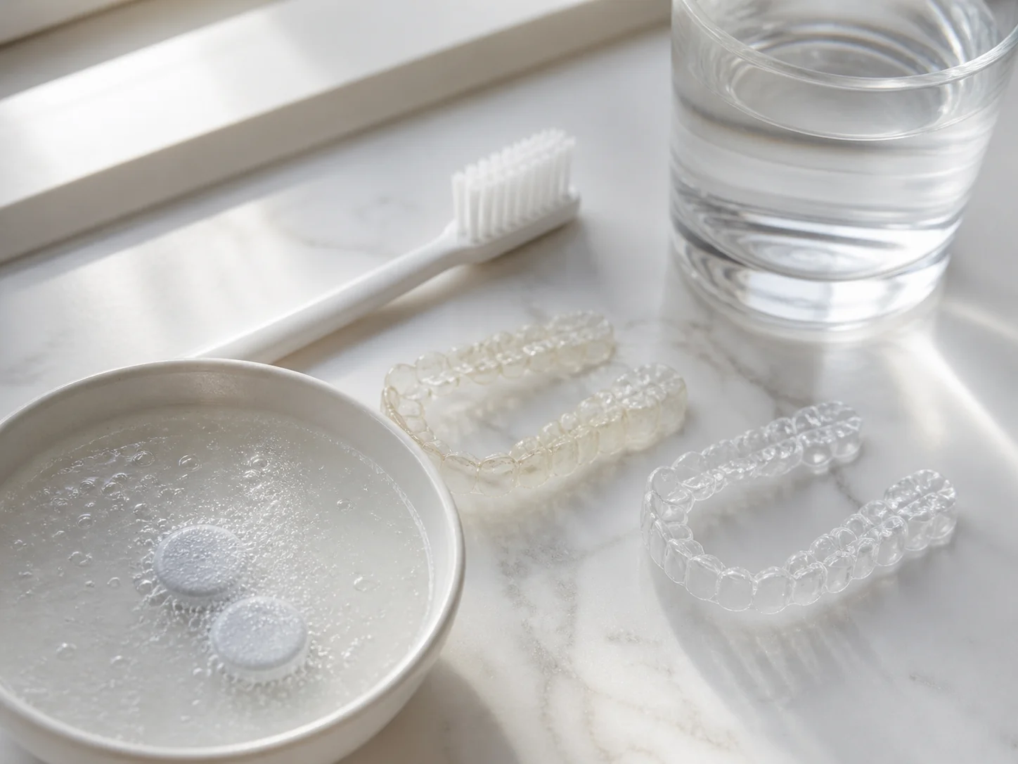 Side-by-side comparison of stained and freshly cleaned Invisalign trays with cleaning tablet, soft brush, and water on a bathroom counter